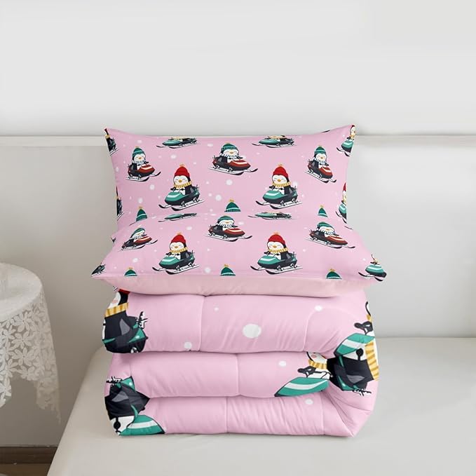 Feelyou Christmas Kids Comforter Set King Size Pink Penguin Bedding Set Cartoon Penguin Skiing Duvet Quilt for Kids Boys Girls Bedroom Snowflake Decor Microfiber Ultra Soft Breathable