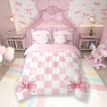 7 Pieces Pink Bowknot Kids Comforter Queen,Geometric Grid Checkered Patchwork Fashion Bedding Set,Bow Tie Knot Princess Chic Unique（Comforter+Fitted+Flat Sheet+2 Pillowcases+2 Throw Pillow Covers）