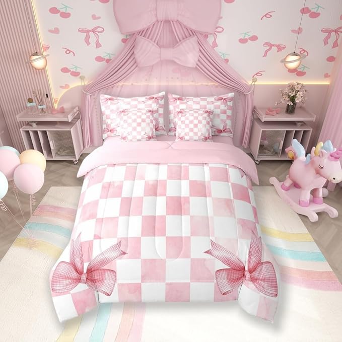 7 Pieces Pink Bowknot Kids Comforter King,Geometric Grid Checkered Patchwork Fashion Bedding Set,Bow Tie Knot Princess Chic Unique（Comforter+Fitted+Flat Sheet+2 Pillowcases+2 Throw Pillow Covers）