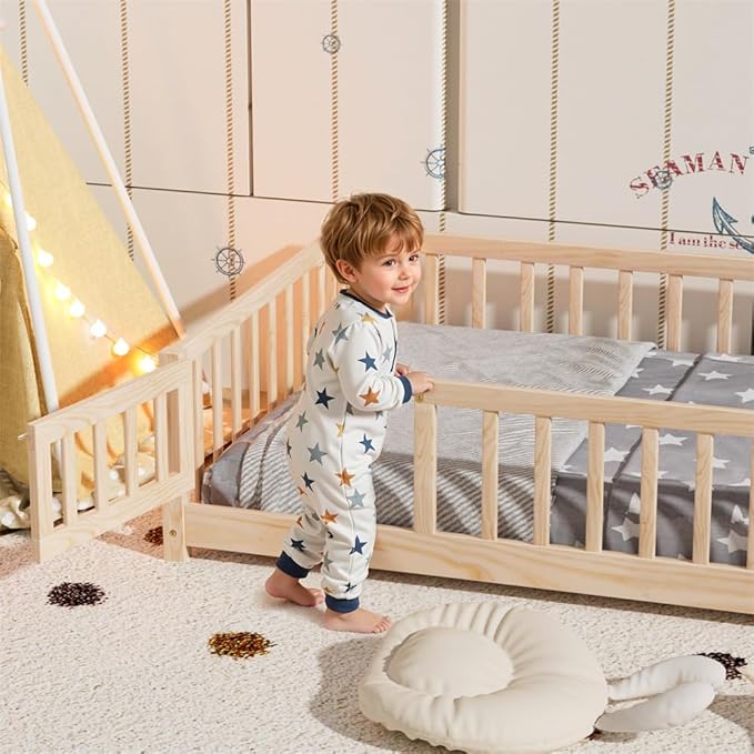 i-POOK Queen Floor Bed for Children, Sturdy Wood Montessori Bed Frame with Wood Slats, High Fence & Small Door, Montessori Floor Bed for Girls and Boys, Natural