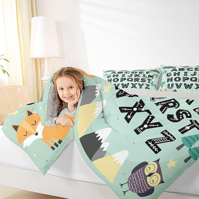 Feelyou Alphabet Kids ABC Learning Comforter Set All Season Cute Fox Bedding Set with 2 Pillow Cases Educational Nursery Art Kids Queen Bedclothes Woodland Animals Bedroom Decor Duvet Quilt