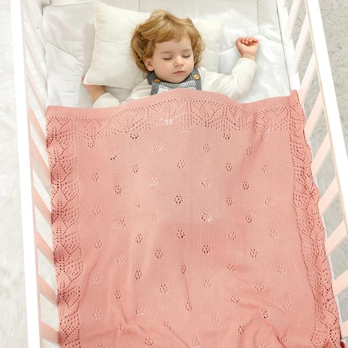 LAWKUL Blanket Baby Cellular 100% Cotton Knitted Soft Knit Crochet Blankets for Newborn Boy Girls Toddler Pink 100x80cm