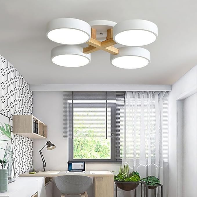 LED Flush Mount Ceiling Light Fixture with 3000K/4000K/6000K Temperatures Selectable,24Inch 44W Chandelier Modern Wood Ceiling Lamp for Bedroom Kitchen, 4-Lights Indoor Lighting White Pendant Light