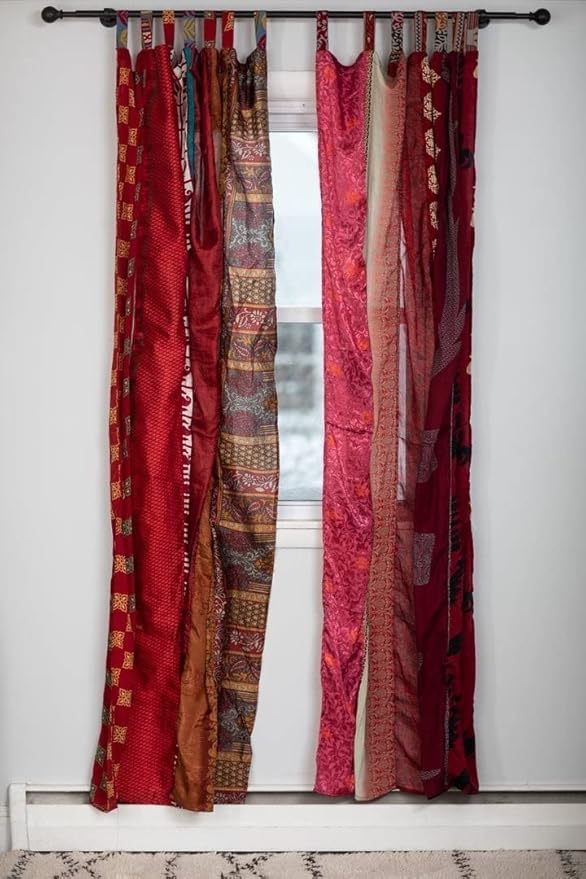 YILLE Boho Silk Sari Curtain Panel,1 Piece Vintage Handmade Lightweight Recycled Indian Silk Saree Window Drapes for Bohemian Living Room, Aesthetic Home Décor Wall Hanging - Pink, 84 X 43 in