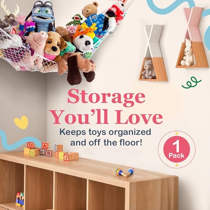 Lilly's Love Stuffed Animal Hammock | Corner Hanging Organizer, Toy Storage, Stuffed Animal Storage Net | Made From Quality Fishing Net, Holds 12lbs | 67"x47"x47" (Party Purple)