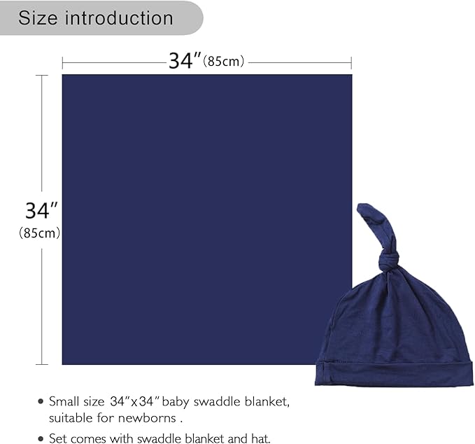 Newborn Swaddle Blanket with Hat Set Baby Swaddle Set Hospital Receiving Blankets for Girls Boys(Navy,35"*35")