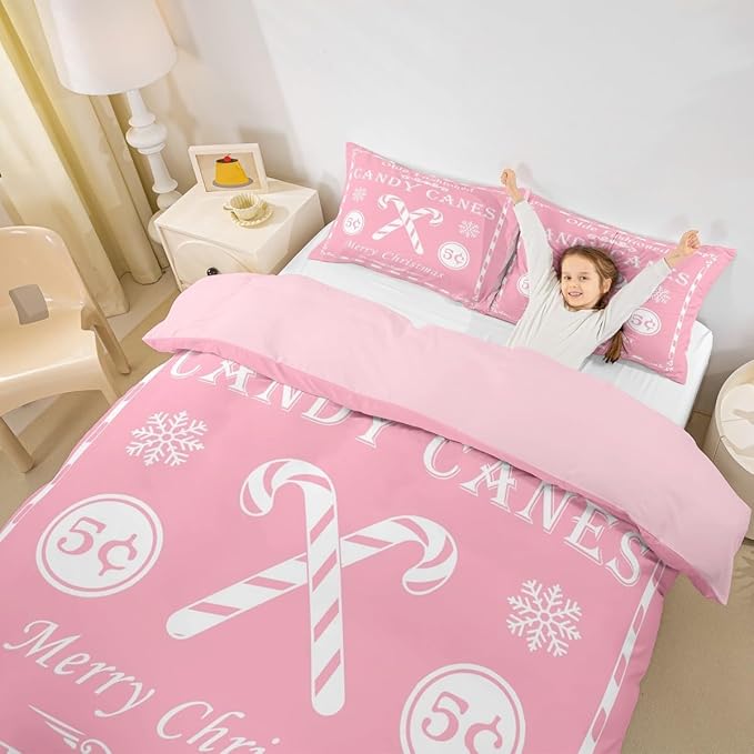jejeloiu Christmas Bedding Set Twin Size Kids Christmas Quote Comforter Cover Set for Boys Girls Teens Candy Canes Print Duvet Cover Xmas Bedspread Cover Room Decorations Pink White Quilt Cover