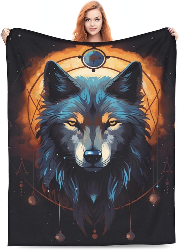 Cartoon Wolf Dream Catcher Blanket Gifts Moon Wolves Flannel Throw Blankets for Home Decor Couch Bed Sofa Soft Fuzzy Lightweight for All Season 80x60 Inches