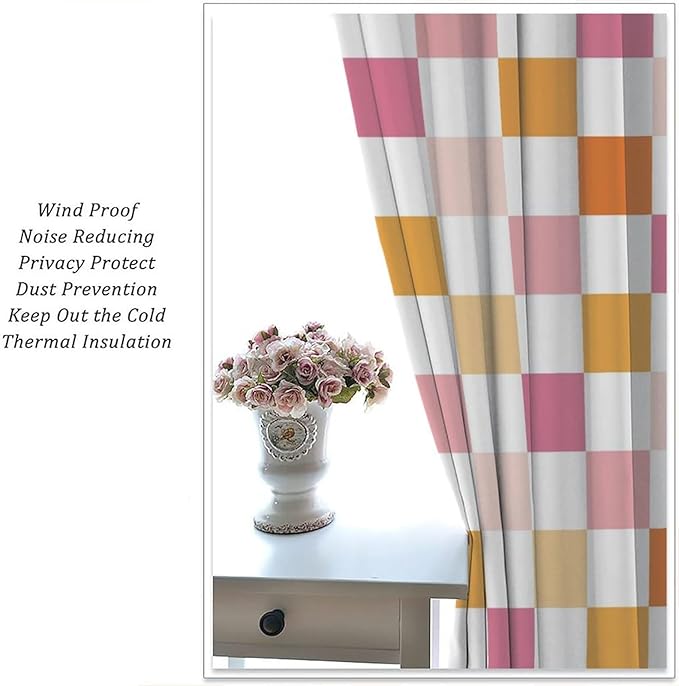 Pink Checkered Curtains,70s Vintage Twisted Checkered Window Drapes Colorful Groovy Trendy Wavy Hippie Grid Print Window Treatments for Kids Girls Bedroom Living Room 42" W X 45" L