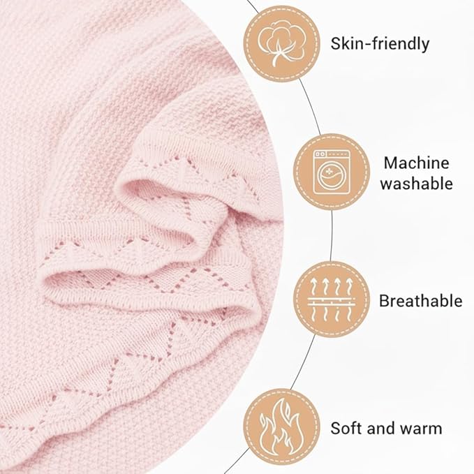 Baby Knit Blanket Soft Breathable Cotton Scallop Border Blankets Newborn Knitted Blanket Swaddle Blankets Gifts for Baby Newborn Toddler Shower Boy Girl New Mom Birthday Christmas Pink 28x36