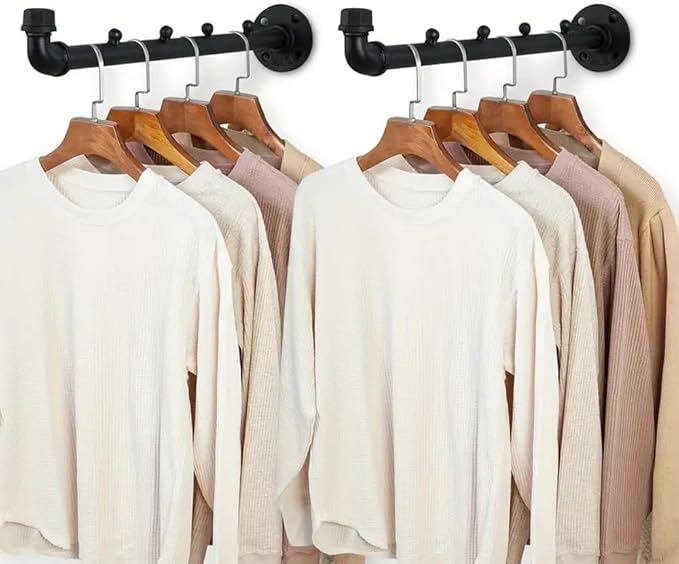 Industrial Wall Pipe Clothes Bar - Heavy Duty Metal Coat Hanger with Hook, Wall-Mounted Garment Holder Racks,Wall Clothing Racks/Hanging Rail, 2Pcs