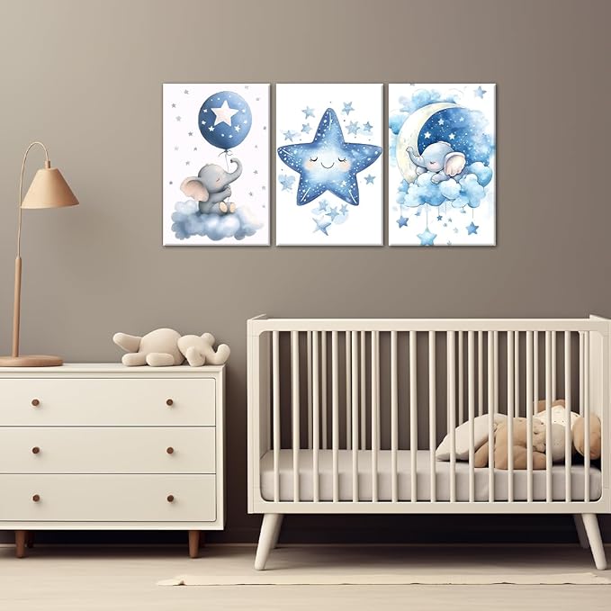 Nursery Canvas Wall Art Elephant Pictures Wall Decor Moon and Stars Painting Baby Boy Prints Cute Animal Poster Artwork for Kids Room Bathroom Decor Framed(Baby-1,16L x 24W x 3Pcs)