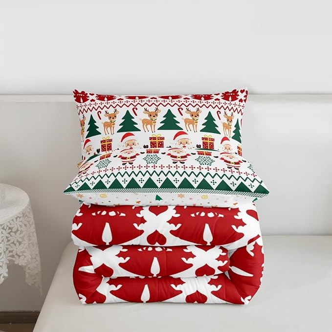 Feelyou Merry Christmas Kids Comforter Set Full Size Santa Claus Bedding Set Cute Deer Duvet Quilt for Kids Boys Girls Bedroom Snowflake Decor Microfiber Ultra Soft Breathable