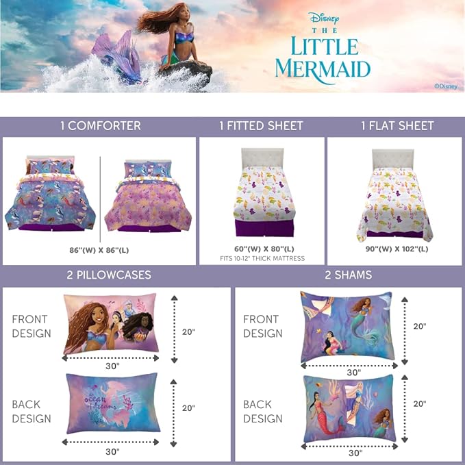 Disney Princess Ariel The Little Mermaid Live Action Movie Kids Bedding Super Soft & Cozy Reverisble Microfiber Comforter and Sheet Set with Sham, Queen, (100% Officially Licensed Product) by Franco