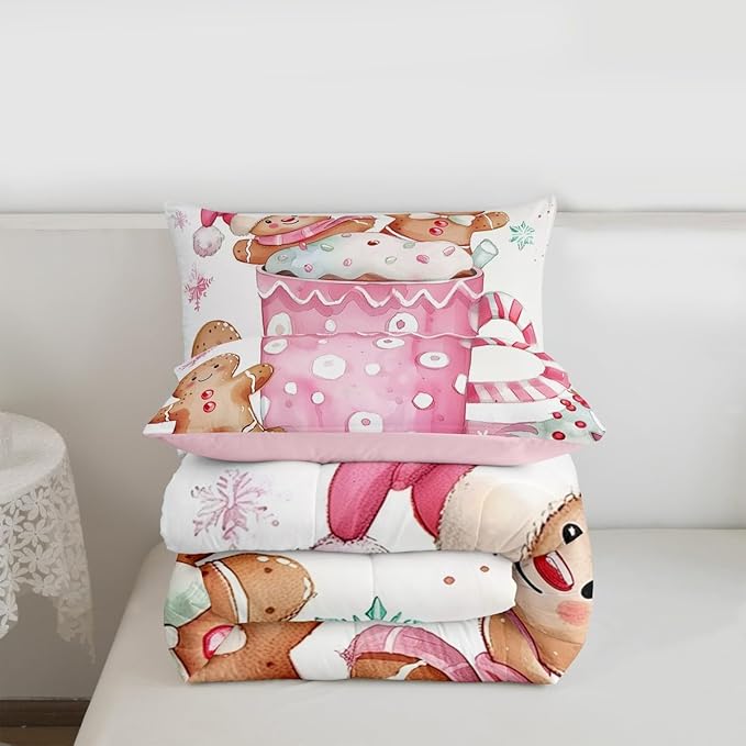 Feelyou Christmas Bedding Set Soft for Boys Girls, Pink Gingerbread Comforter Set Toddler Size Christmas Decor Duvet Quilt Microfiber Xmas Bedroom Decor 2 Pcs with 1 Pillow Cases