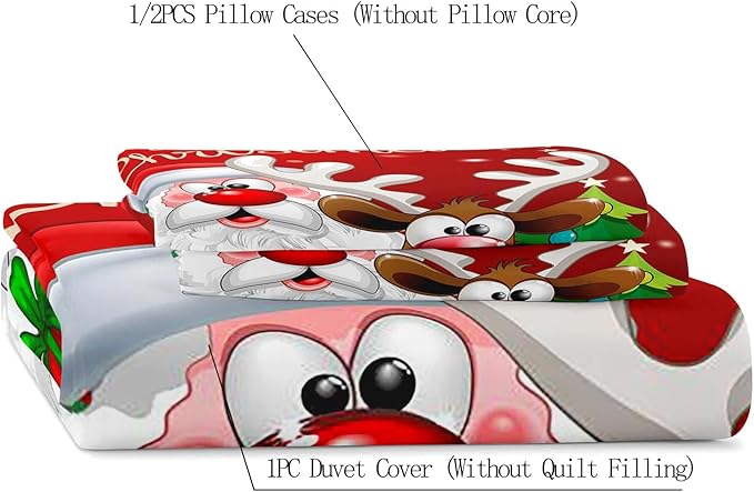 LUVIVIHOME 3PCS Red Christmas Duvet Cover King Bedding Set, Boys Girls Kids Bedding, Santa Claus Snowman Reindeer Holiday New Year Xmas Gifts Christmas Comforter Bedspread Quilt Cover, 2 Pillow Cases