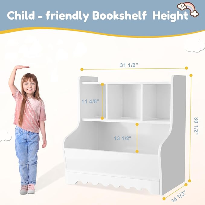 Kids Bookshelf, Toddler Toy Storage Organizer, Wooden 4 Cubby Children Book Shelf for Playroom, Bedroom, Nursery, Classroom