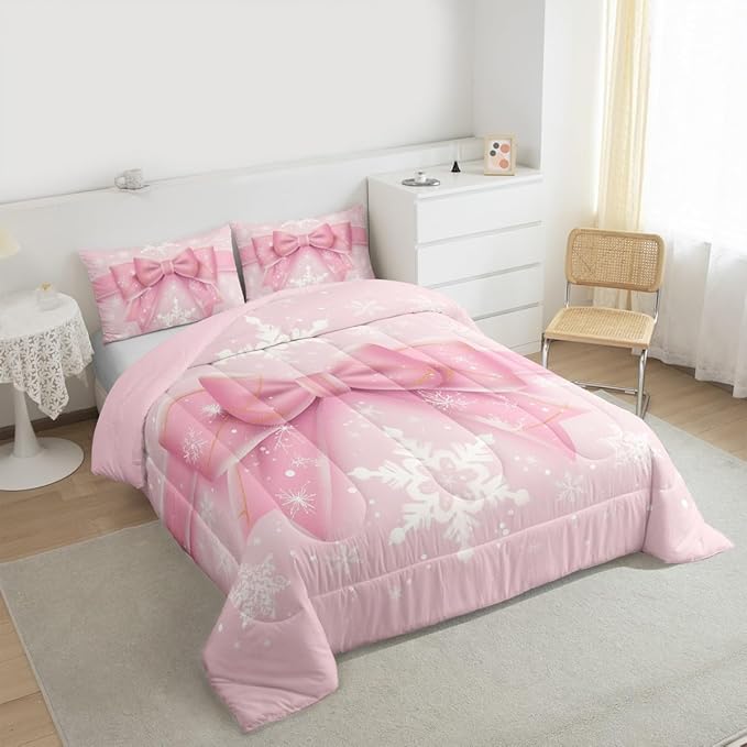 Feelyou Pink Bow Comforter Set All Season Coquette Bow Knot Bedding Set with 1 Pillow Cases Xmas Snowflake Kids Toddler Bedclothes Cute Dreamy Princess Style Decor Christmas Duvet Quilt Soft