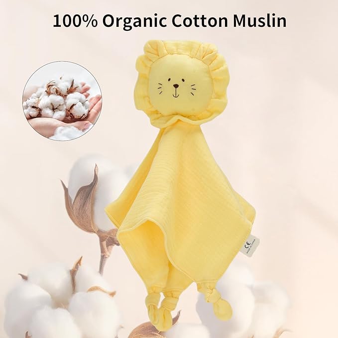 Little Rawr Organic Cotton Muslin Lion Loveys for Babies Baby Security Blanket Baby Snuggle Toy Newborn Essentials Must Haves(Lion-Yellow)