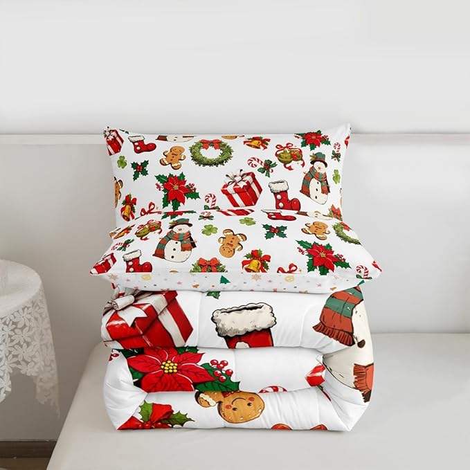 jejeloiu Merry Christmas Comforter Set King Size Cute Snowman Bedding Set for Kids Boys Girls Gingerbread Man Duvet Quilt White Bedroom Decor