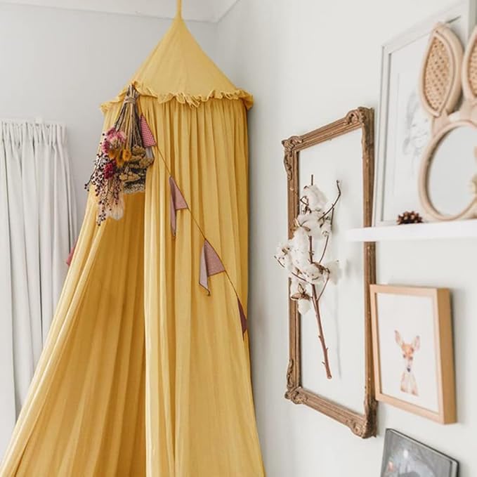 MAMERIA Kids Bed Canopy with Frills Cotton Cover Net for Baby Crib Reading Nook Curtain Hideaway Hanging Round Tent Nursery Bedding Play Room Decor (02CNP0002-YL)