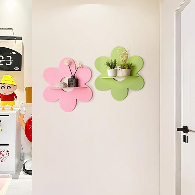 Cute Shelf Pink Floating Shelves, 2Pcs Flower Shaped Green Floating Shelves Display Daisy Decor for Bathroom Livingroom Bedroom Shelves (Pink Green)