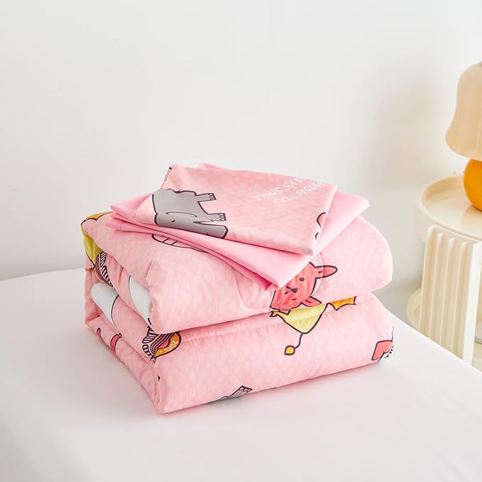 Flysheep 4 Pieces Pink Toddler Bedding Set, Elephant Lion Animals Printed for Baby Girls - Includes Quilted Comforter, Flat Sheet, Fitted Sheet & Pillow Case, Soft Microfiber