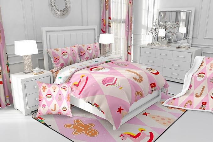 Feelyou Pink Christmas Kids Comforter Set Toddler Size Santa Claus Bedding Set Xmas Tree Nutcracker Soldier Duvet Quilt for Kids Boys Girls Bedroom Gingerbread Man Decor Microfiber Ultra Soft