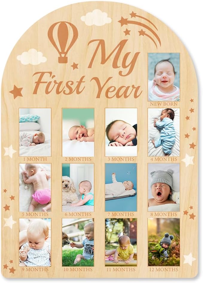 ORIGACH My First Year Baby Growth Photo Display Wood Board - 12 Months Newborn Milestones Picture Frame - Neutral Baby Keepsake Board 1st Birthday Party Nursery Decor New Mom Gift - Hot Air Balloon