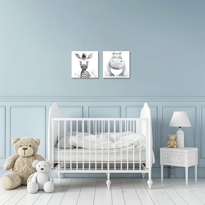 Baby Animal Framed Canvas Wall Art Set of 2 - Cute Baby Zebra Hippo Paintings Pictures Nursery Decor Wild Animals Posters Prints for Living Room Kids Room Decor(Artwork-01, 20"x20"x2P)
