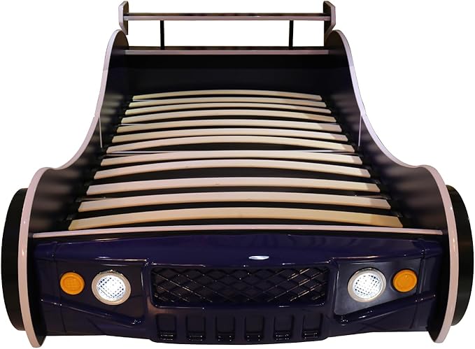 LKTART Car Bed Twin Size for Kids, Race Car Shaped Wooden Platform Bed Frame with Headboard Wheels and Support Slats for Boys Toddlers Child's Bedroom (Blue)