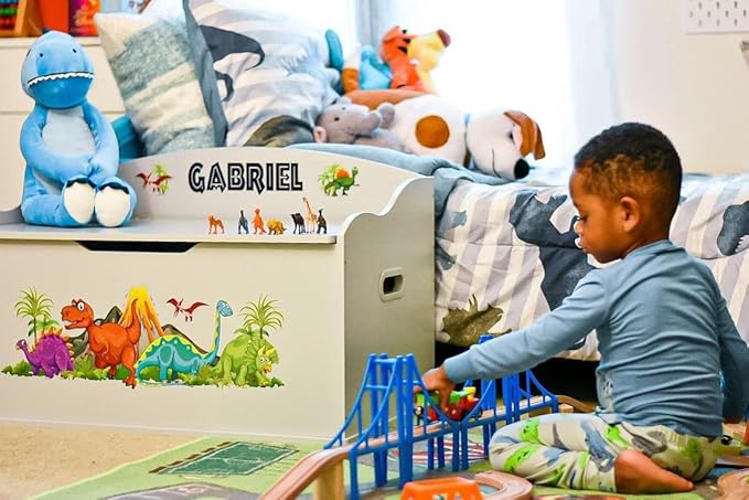 DIBSIES Personalized Creative Wonders Toy Box, Dinosaurs, 30 x 19.25 x 18 inches, Soft-Close Lid (Dovetail Grey)