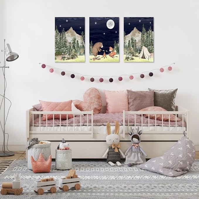 Camping Nursery Wall Decor, Bear Fox Nursery Print, Moon Night Woodland Nursery Decor, Watercolor Mountain Forest Wall Art, Set of 3 Nature Picture for Boy Girl Bedroom, Framed Canvas, 16"x24"x3