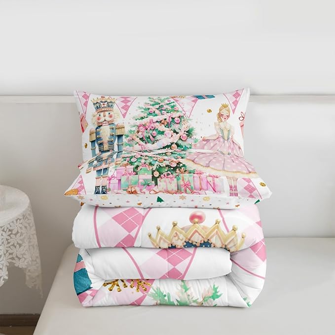 jejeloiu Christmas Nutcracker Comforter Set Full Size Gingerbread Man Bedding Set for Kids Boys Girls Xmas Tree Duvet Quilt White Pink Bedroom Decor