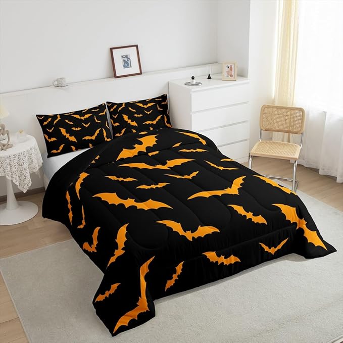 Erosebridal Bat Quilt Happy Halloween Decor Comforter Set Full Size for Kids Boys Youth Gothic Spooky Bedding Set Orange Bats Silhouette Duvet Insert with 2 Pillow Cases