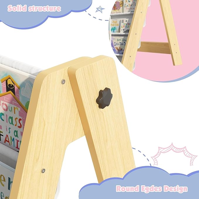 NACHES Montessori Kids Bookshelf Fabric Sling Pockets – Front Facing Toddler Book Display and Toy Storage Organizer for Nursery Playroom or Bedroom 23" Wide (Burlywood, Small)