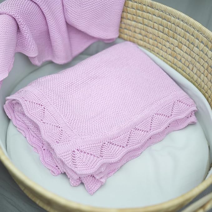 Baby Knit Blanket Soft Breathable Cotton Scallop Border Blankets Newborn Knitted Blanket Swaddle Blankets Gifts for Baby Newborn Toddler Shower Boy Girl New Mom Birthday Christmas Lilac 28x36