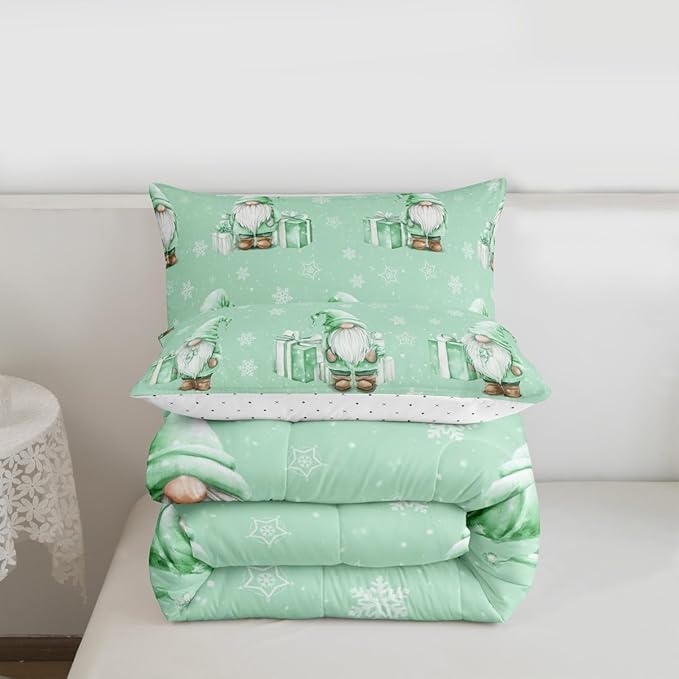 Feelyou Green Christmas Comforter Set All Season Scandinavian Christmas Santa Gnomes Bedding Set with 1 Pillow Cases Xmas Snowflake Kids Twin Bedclothes Bedroom Decor Breathable Soft