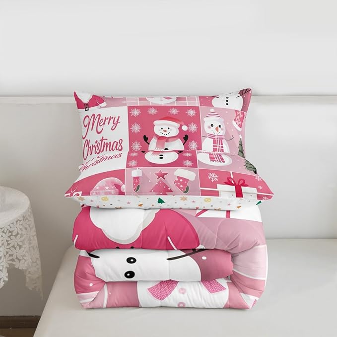 Xmas Comforter Set Twin Size,Snowman Christmas Tree Snowflake Bedding Set for Kids Boys Girls Room Decor,Pink Plaid Patchwork Quilt Set 2Pcs,Merry Christmas Cartoon Duvet Insert,1 Pillowcase