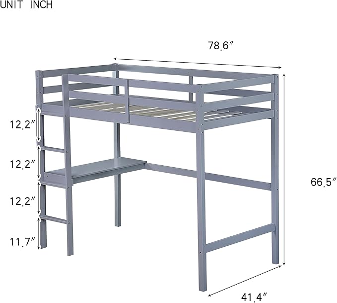 Bellemave Twin Loft Bed with Desk,Loft Bed for Kids, Boys, Girls,Wooden Loft Be Frame with Desk and Ladder, Gray