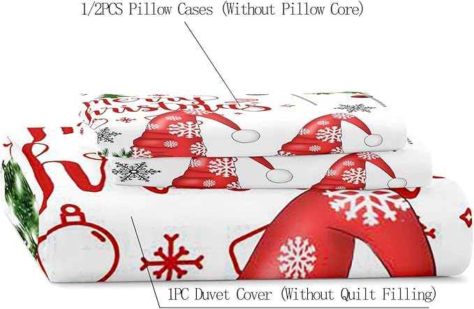 LUVIVIHOME 3PCS Christmas Gnome Duvet Cover King, Christmas Bedding, White Duvet Cover, Holiday New Year Xmas Santa Swedish Tomte Snowflake Red Black Buffalo Plaid Comforter Quilt Cover 2 Pillow Shams