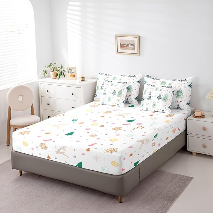 Feelyou Christmas Bed Set Xmas Tree Comforter Set with Sheets Snowflake Watercolor Blue Bed in a Bag for Kids Boys Girls Room Decor New Year Theme Bedding Set Bedroom Collection Queen Size