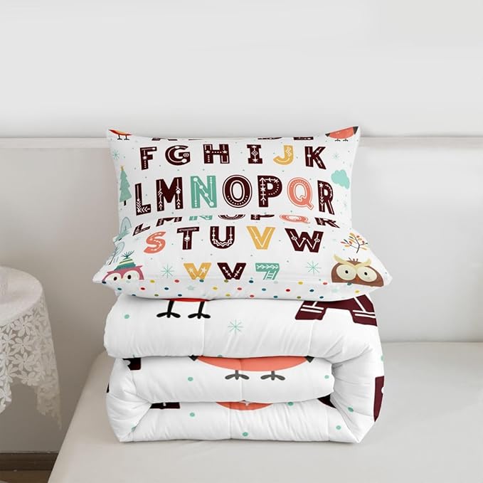 Feelyou Alphabet Kids ABC Learning Comforter Set Queen Size Cartoon Owls Bedding Set for Kids Boys Girls Educational Nursery Art Duvet Quilt Wildlife Bedroom Decor 3 Pcs with 2 Pillow Cases