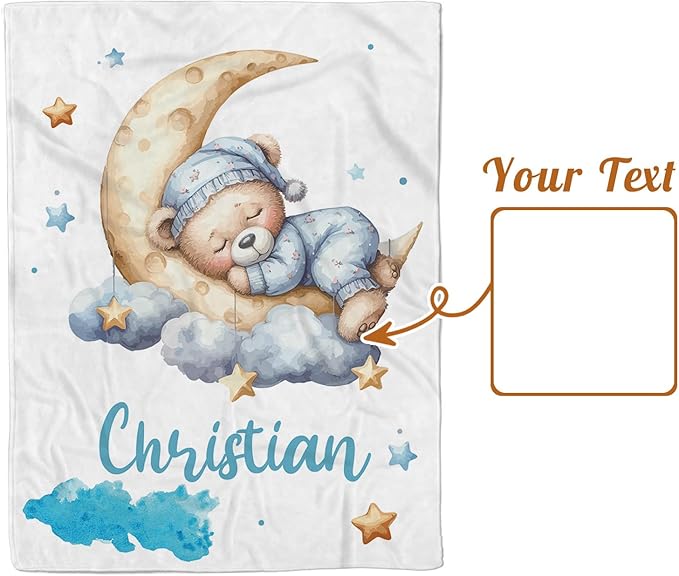 Personalized Baby Blanket with Name, Customized Blanket for Newborn Boys Girls, Sleepy Bear Theme Baby Name Blanket with Dotted Backing, Receiving Swaddle, Baby Shower Birthday Gifts(60" x80)
