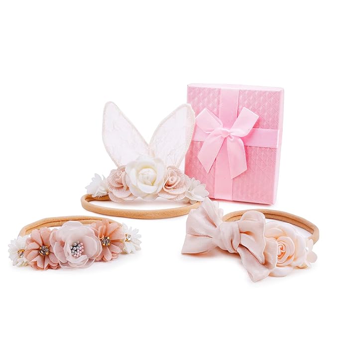 cherrboll 3pcs Baby Girl Flower Headbands, Super Soft & Stretchy Nylon Floral Bunny Ear Hairbands Easter Gift for Newborn Toddler