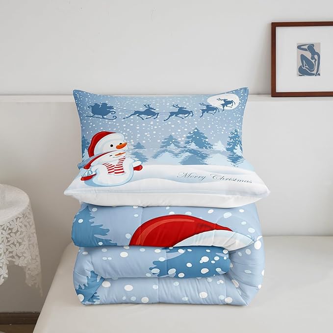 Manfei Snowman Comforter Set Twin Size, Xmas Deer Trees Print Quilt Set with 1 Pillowcase, Winter Snowflake Merry Christmas Bedding Set 2pcs for Kids Boys Girls Bedroom Decor