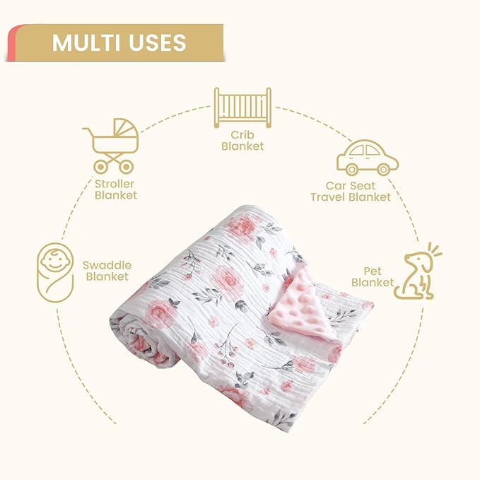 david's kids Muslin Minky Baby Blanket for Girls with Muslin Cotton Front and Dotted Fleece Backing, Breathable and Soft Lightweight Receiving Blanket for Newborns, 30x40 Inches, Floral