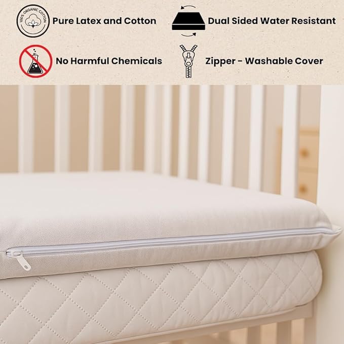 ORGANIC TEXTILES Organic Latex Crib Mattress Topper - 2" Latex for Playard (38"x26") - Breathable GOLS/GOTS Certified – Water-Resistant Organic Cotton Cover – No Polyester, Hypoallergenic, Non-Toxic