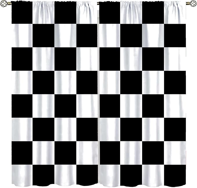 Black Checkered Curtains,70s Vintage Twisted Checkered Window Drapes Colorful Groovy Trendy Wavy Hippie Grid Print Window Treatments for Kids Boy Bedroom Living Room 72" W X 63" L
