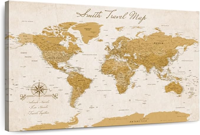 ElephantStock - Personalized Travel Push Pin World Map Wall Art - Horizontal Canvas Wall Art - Living Room Wall Decor - Digital Art Map Canvas Art - Orange And Beige Decor - 24" x 16"